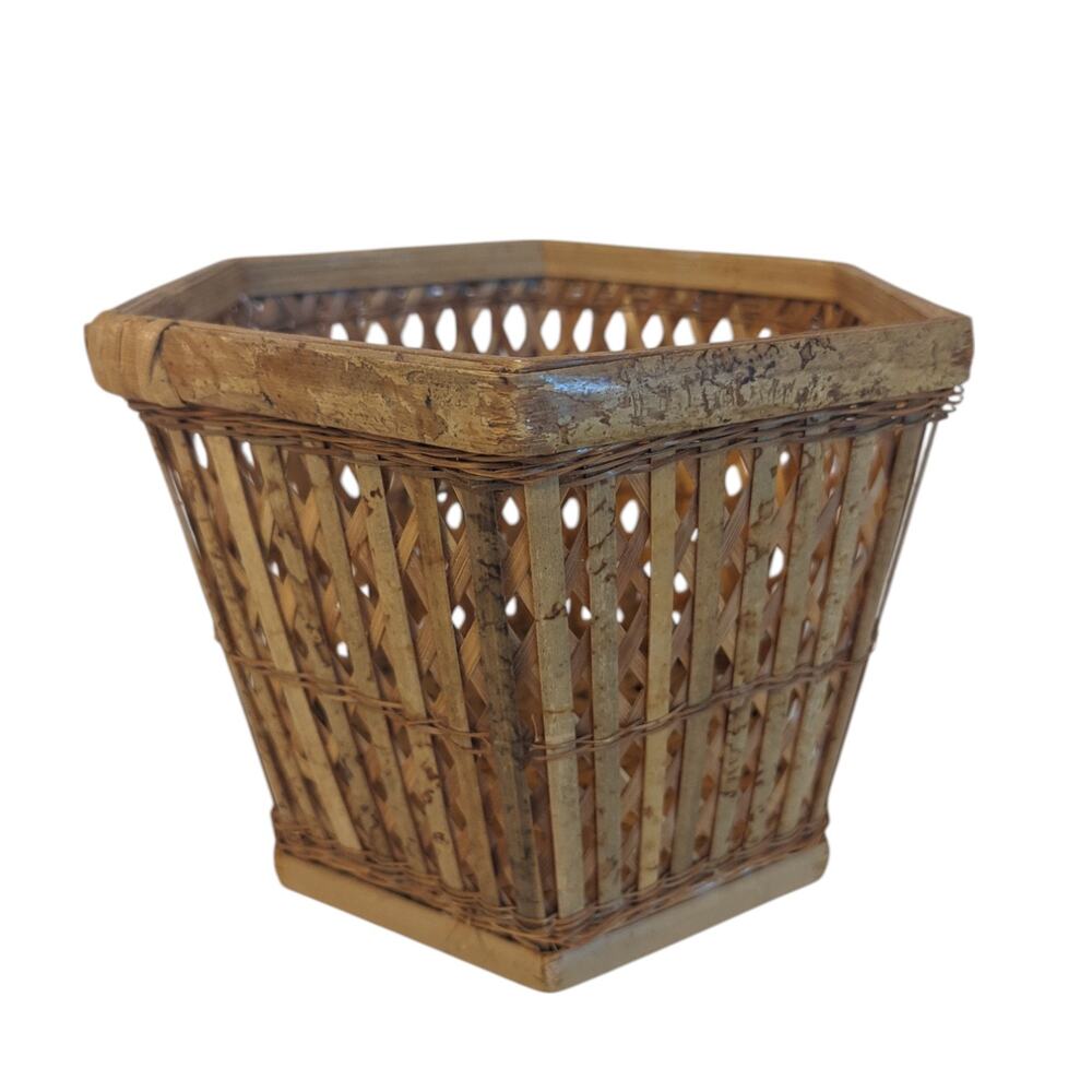 Vintage Brown Wicker Bamboo Rattan Hexagon Basket Braided Planter 4 inch Wide